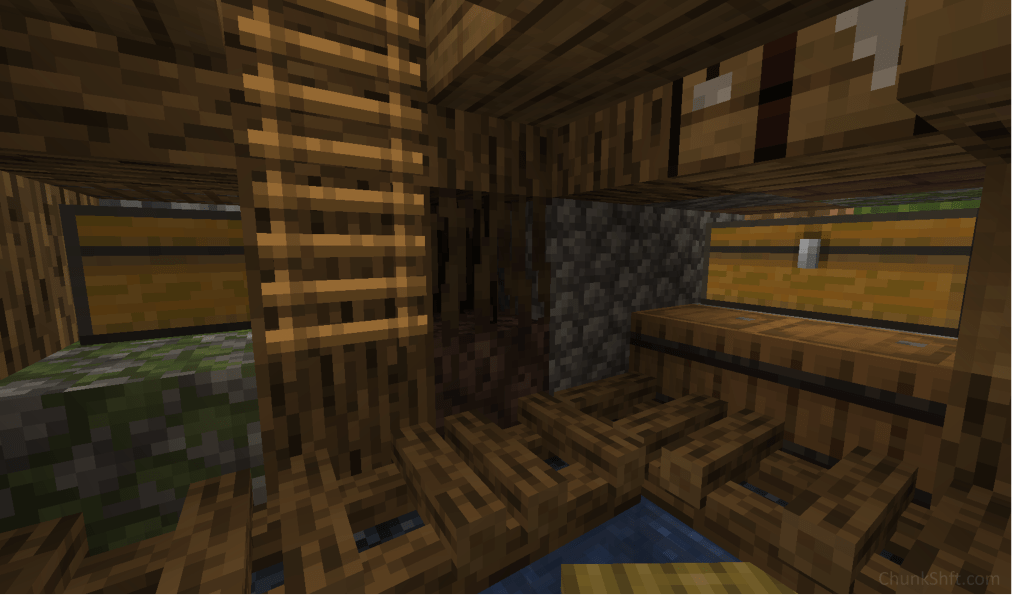 Inside the boat launch within the roots of the custom tree. chest and barrels line a small dock made from extinguished camp fires.