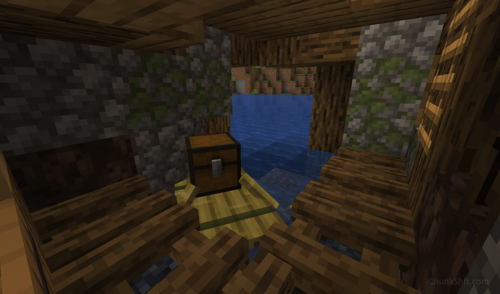 A bamboo raft with a chest sits in a tiny boat launch. The dock is made of extinguished campfires and you can see the river 