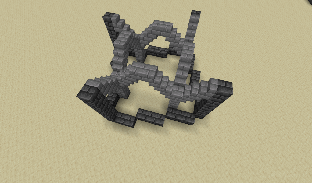 Stone bricks show a column and arch network arranged squared on the cardinal directions. Deepslate bricks surround interior stone bricks but are diagnal stepping 1 block back every 3 blocks.