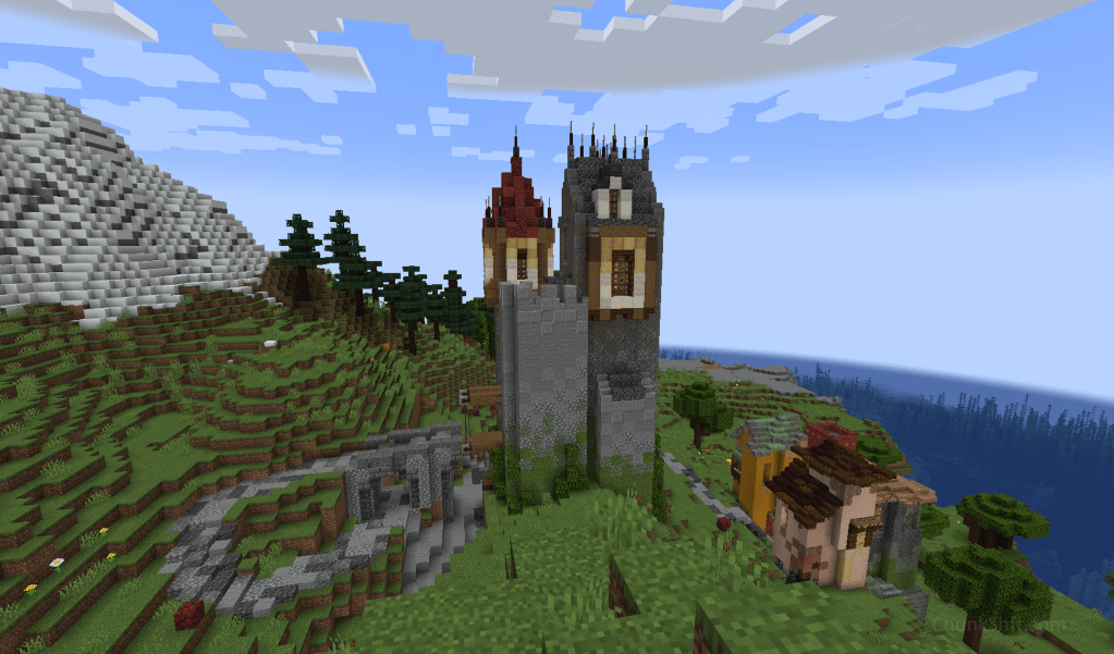 View of the completed 1 chunk castle from a nearby mountain.