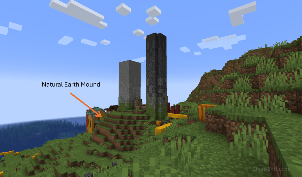 Early picture of castle construction. 2 towers are being built on top of a natural generated mound of dirt on the hill side. An arrow and text highlight the "natural earth mound" for readers.