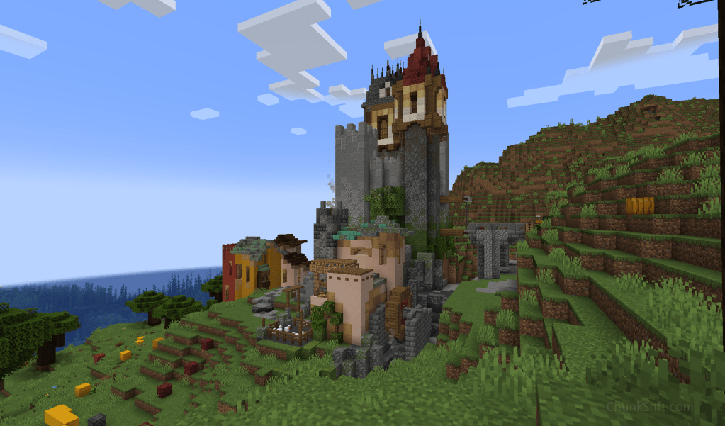 Screenshot of castle with bakery in front. Block pallets include a stone tower with the pallet continuing ont the wal. The deepslate tower now has a tuff centred pallet consistent with the keep.