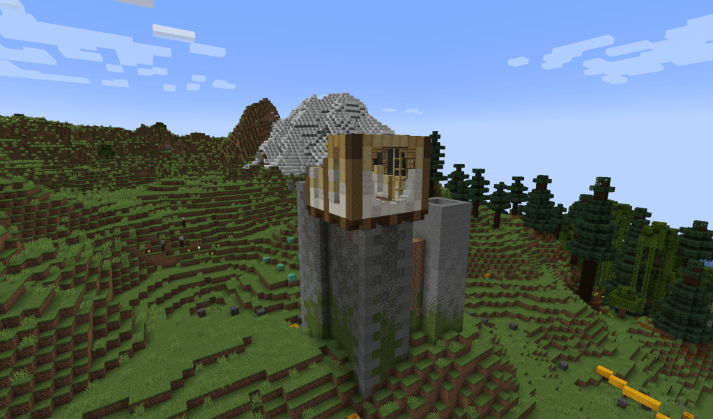 Early screenshot of castle showing a wooden structure butressed out from the stone keep. The western facing side has the round window I tried to include.