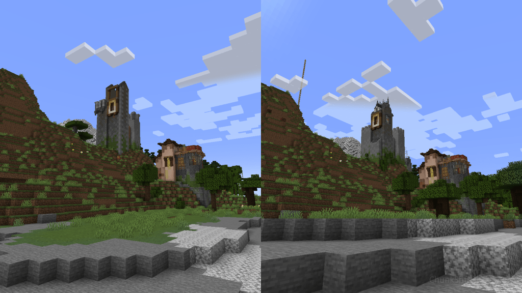 A side by side of the castle showing a before and after of Quoins. The left image shows with and the right without. The after images also show the completed castle with a simplier block pallet.