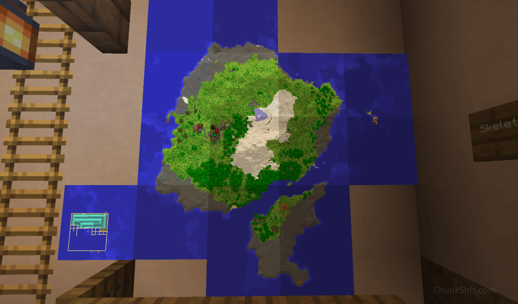 Updated map of the island hangs inside bakery. The town, snow expanding on mountain top and ocean monument are the most visually noticeable changes. 