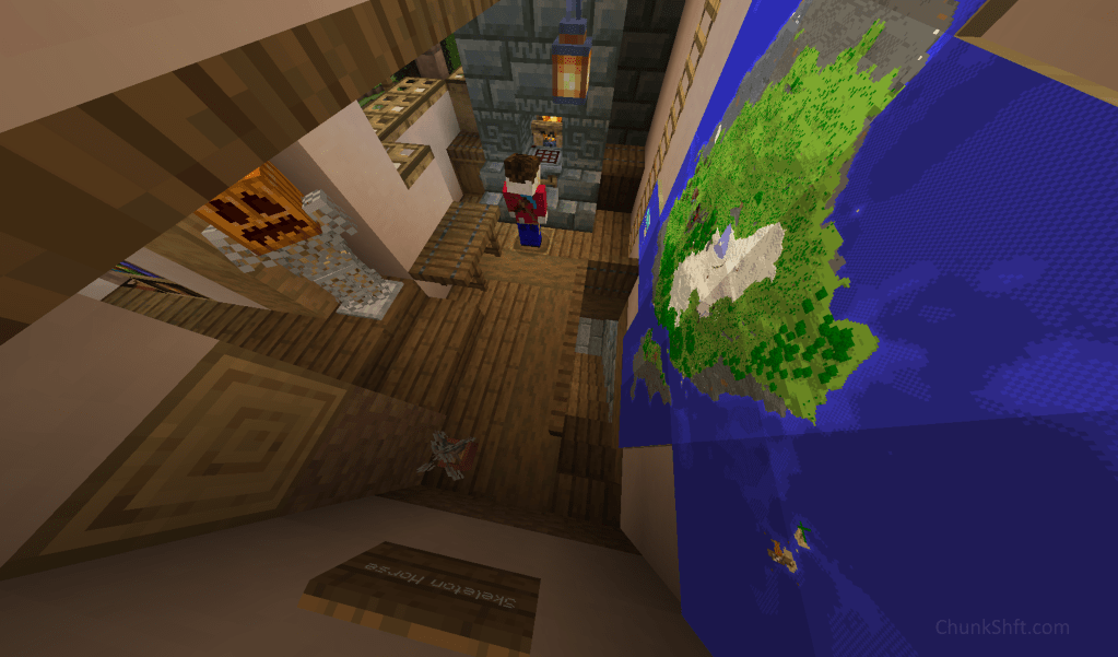 First floor of interior. Map dominates one side of the image, the armour stand the other. Player in the centre at the bakery oven.