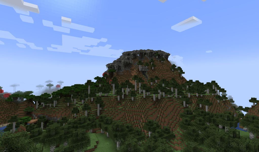 A pale garden caps a mountain top over looking a birch forest. 