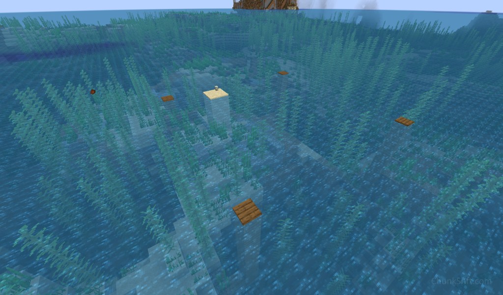 Lukewarm ocean with spruce planks marking corners of a chunk. Single turtle egg on single block of sand poking up from water.