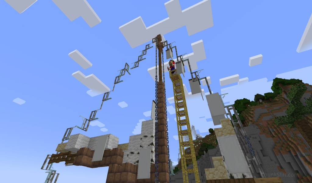 Player stands on scaffolding near the top of the mast of a ship.