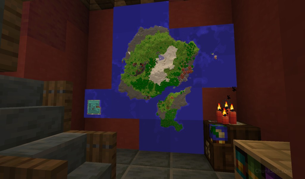 Map documenting 1500 days progress of the island. The water monument, mushrooms in the storage area, moss spread over the small island and the ravine cutting through the town are the significant changes visually. 