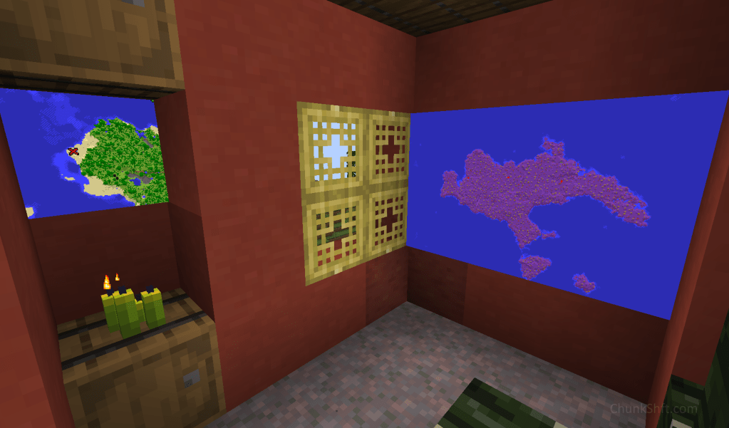 A treasure map on one wall is illuminated by lime green candles. A collection of maps show a mushroom island and the floor of the room is mycelium. Dried kelp blocks just sneak into the bottom right corner of the scene.