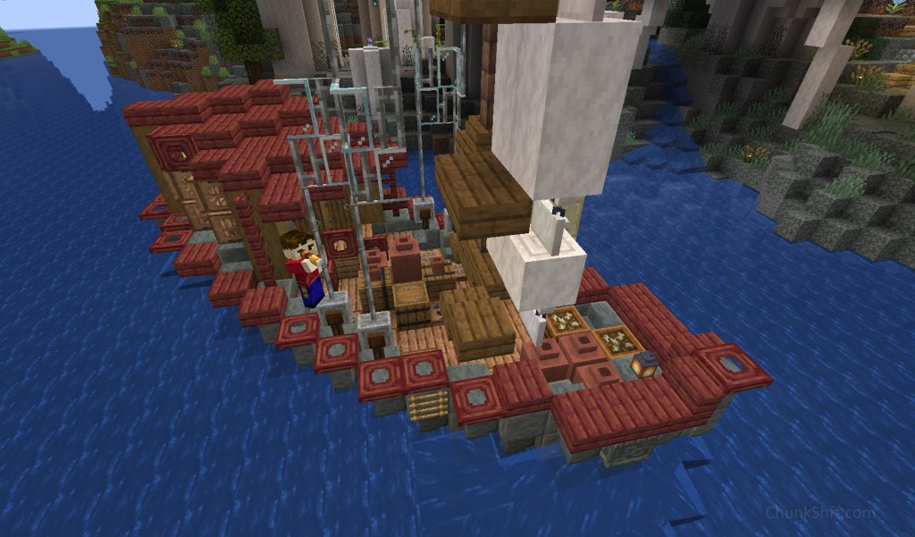 The player stands on a gunnel looking through a spyglass. The deck is full with pots, composters, and barrels.