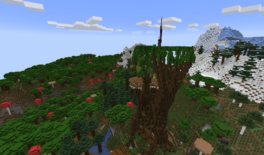A custom tree takes shape as it rises over the valley of a dark forest. A tree house is nestled among the large branches and the canopy partially filled with leaves.