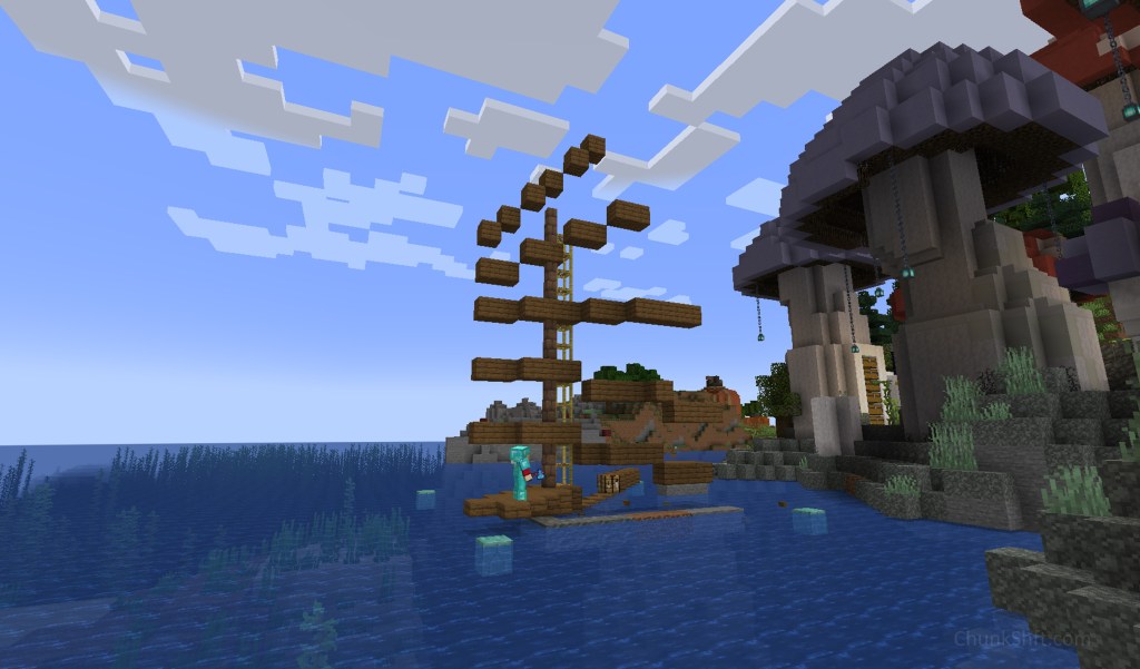 Spruce framework of a mast and booms outlining the iconic junk rigged sail. The four corners of a chunk are marked and spruce runs diagonal thorough the chunk marking the centre of the future ship.