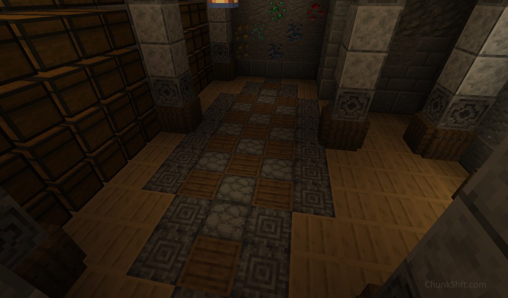 Floor design using polished basalt furnaces and the bottom of barrels. The polished basalt forms a pointy ellipse with the centre alternating barrels and furnaces. This design is surrounded by bee hives.