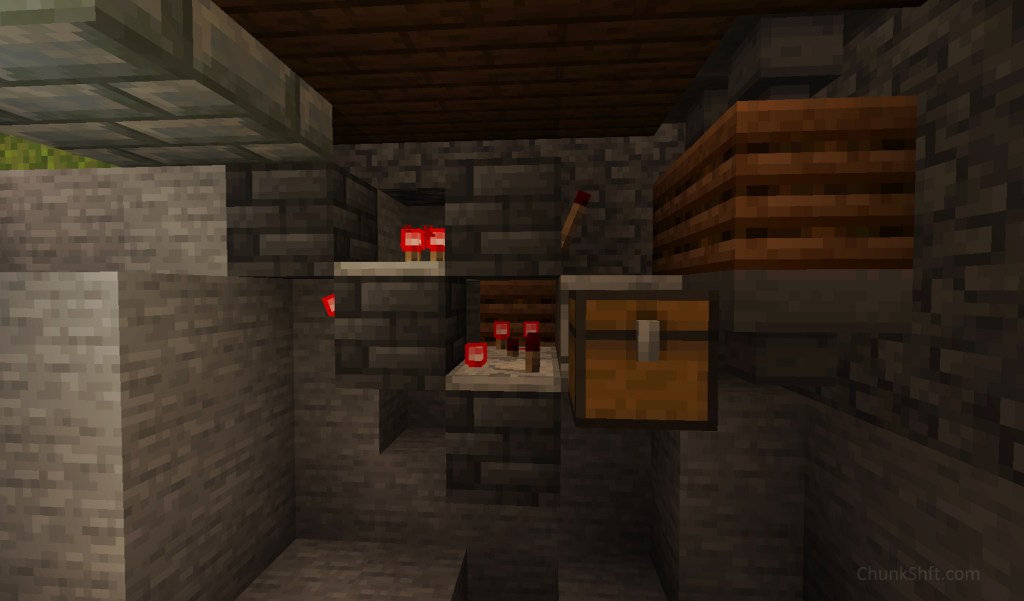 2 composters on right are fed by hoppers pulling from a double chest above but not visible. The composters feed an autocrafter mostly hidden by the output chest. Centre and left is the redstone that detects the output and activates the crafter. Nestled into the foundation is another composter used to compare the output of the autocrafter.