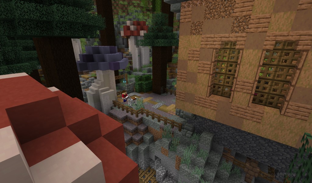 The player leads a skeleton horse in the fenced area in front of the house. The two large windows overlooking the storage are mode visible from this angle as well as a gate using a medium size mushroom as one of its posts.