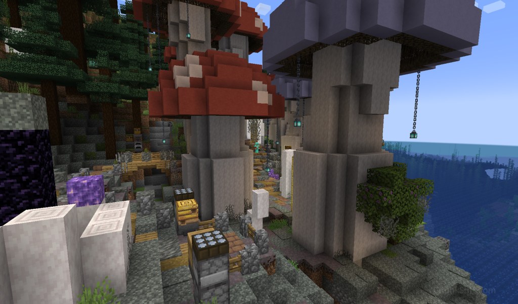 A path winds around custom giant mushrooms. Caps are red with white spots and others purple. Spruce trees surround one side of the biome and the ocean the other. 