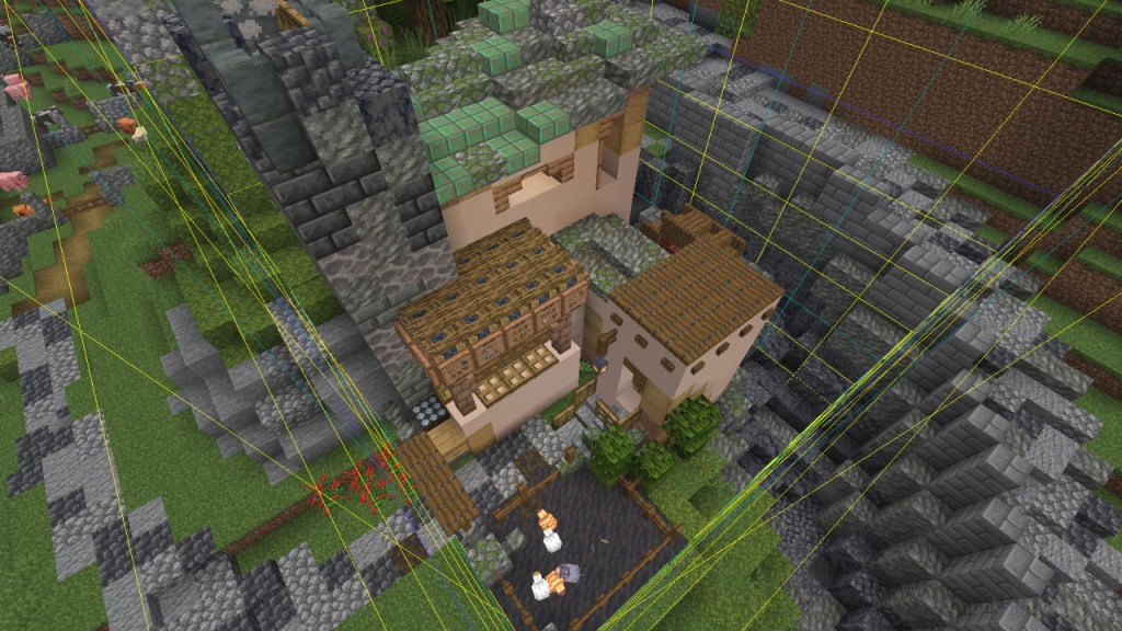 A yellow grid highlights the chunk boundaries. Bottom centre is a fenced area with chickens of each variant. A path leads to an entrance of this L shaped building. A chimney, entry way, second story and main floor are all very distinct. Lessening the structures presence against more prominent buildings. 