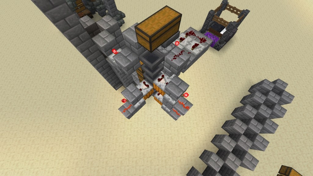 An input chest sits on top of a dropper. The dropper feeds a stack of hoppers; each with a comparator taking a signal into a block with a redstone torch. The redstone torch lights up redstone dust that uses a repeater to pass a signal through a jack o'lantern to lock each hopper. The design requires these systems extend in 3 different directions.