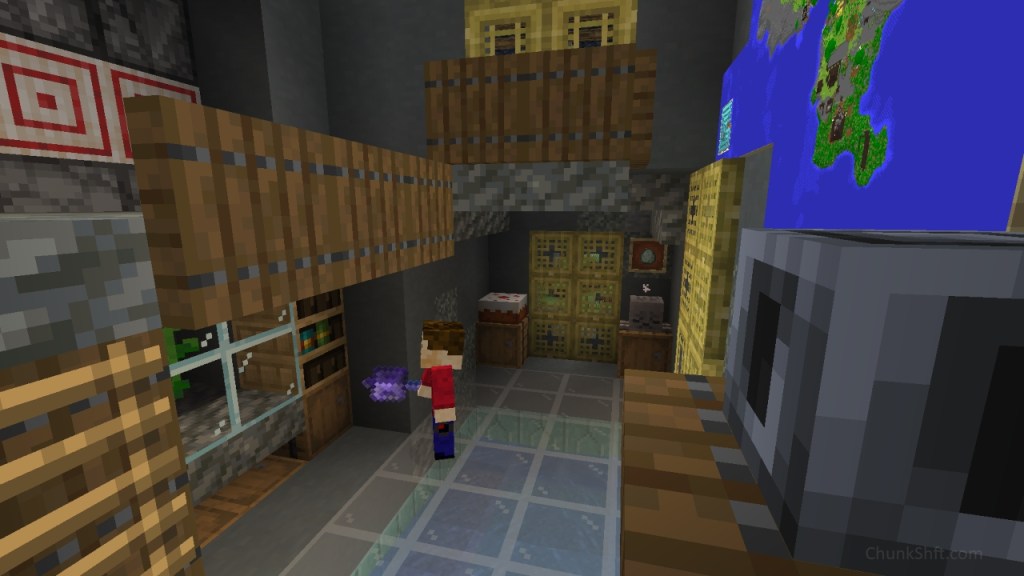 The player holds a mace as he interacts with a chiseled bookshelf. A heavy vore sits atop a shelf in right of the image. In the background a cake, dried ghast and cold chicken egg flank a window. 