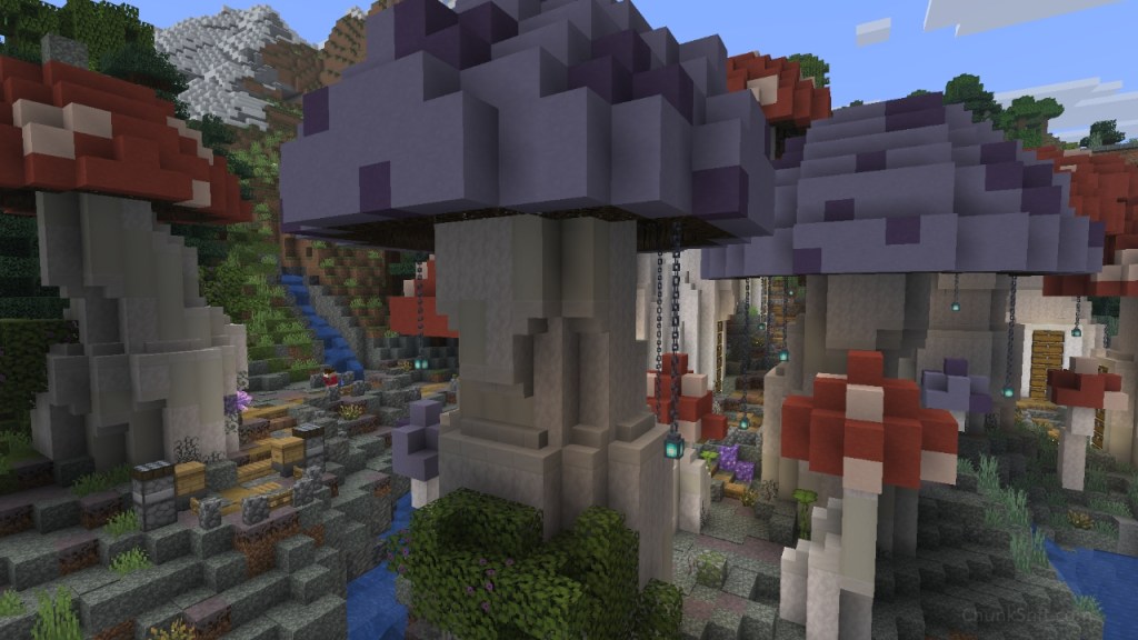 Large custom mushrooms rise from a shoreline of pale moss and mycelium. Caps alternate between purple with darker spots and a traditional red with white spots. A river cuts down from the mountain side and through the area. Soul lanterns are suspended from the mushroom caps by chains.