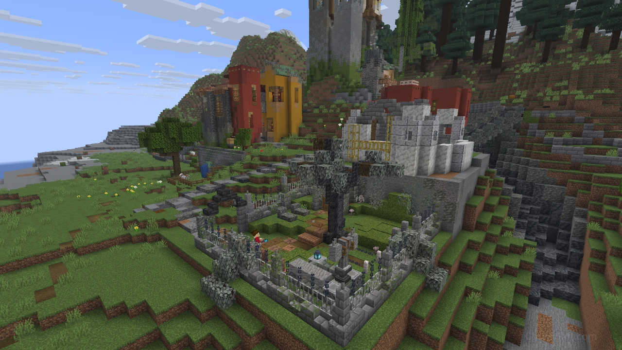 An aerial shot of the graveyard with the tree in the centre. The tree rises above the graveyard but doesn't dominate the image. It is small, proportioned to the rest of the build. slightly larger than a vanilla tree but smaller in visual presence due to less leaves.