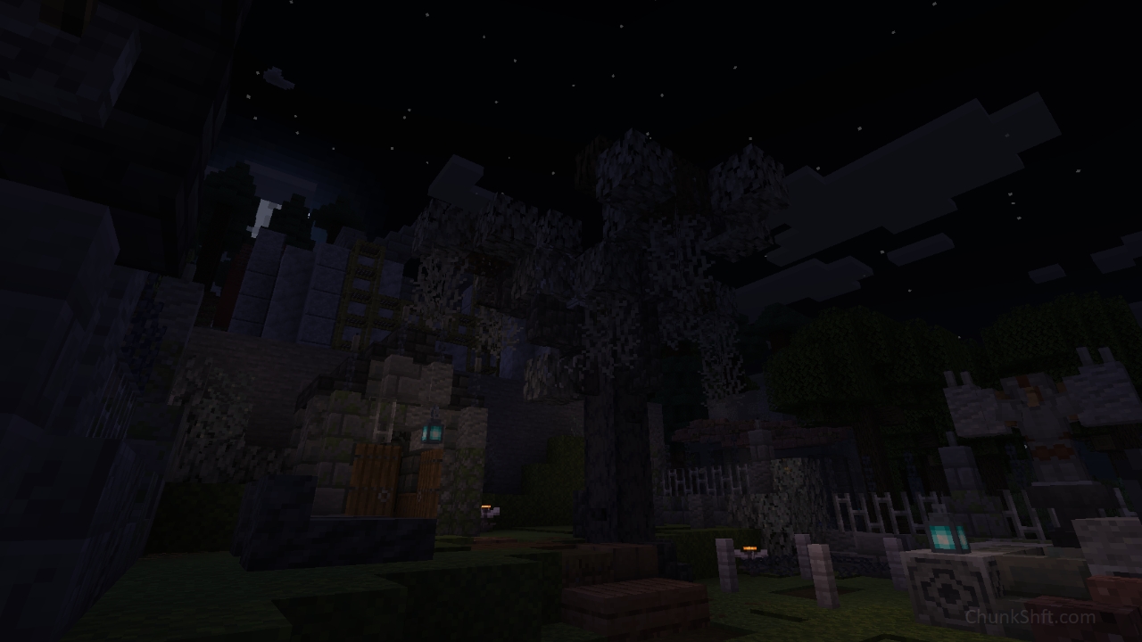 A view of the tree at night, the dark trunk and branches blend into the night. The pale leaves and moss can be made out in the low light provided by a soul lantern on the columbarium.