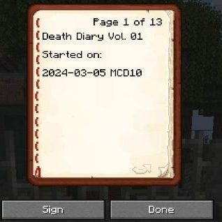 A book is open displaying page 1 of 13. The text reads "Death Diary Vol. 01 Started on: 2024-03-05 MCD 10”