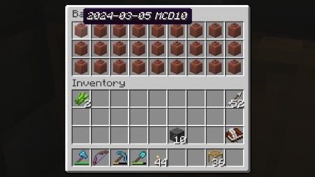 A cropped image of a barrel and the players inventory. The barrel contains clay pots; 1 is highlighted revealing the name "2024-03-05 MCD 10".