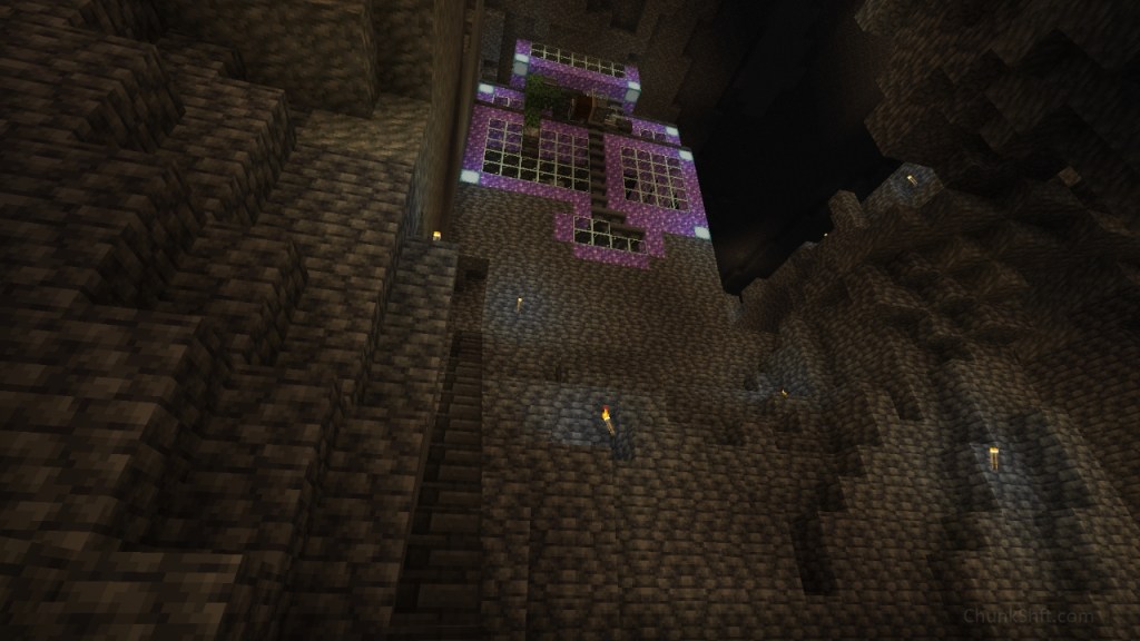 Another view from the bottom of the cavern near the same corner. This time the farm is visible along with a staircase leading up to its base.