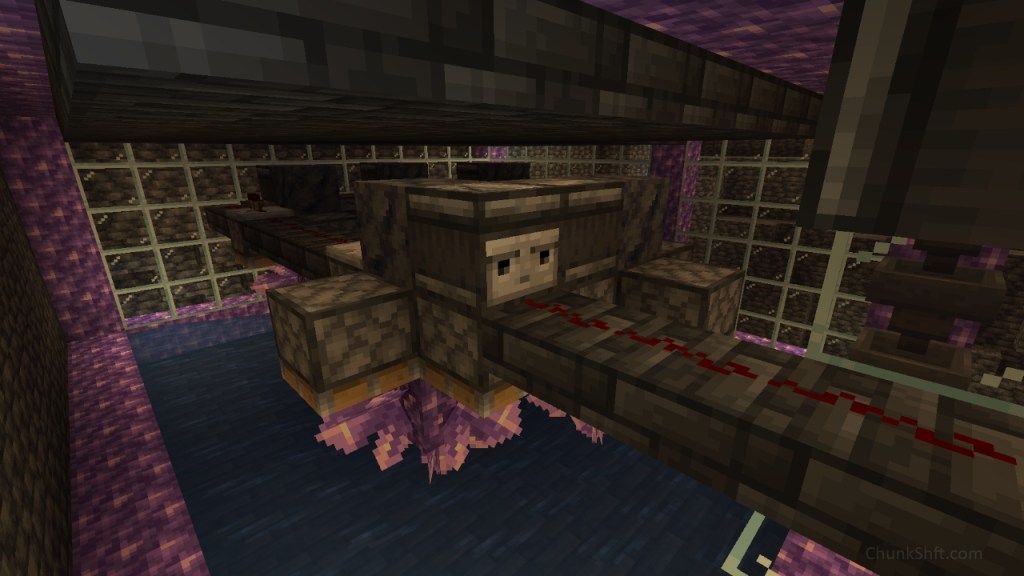 Redstone dust runs from the right of the image towards an observer. The observer faces a solid block with 4 pistons below it. Repeaters, dust, and observes communicate the signal to the other pistons.