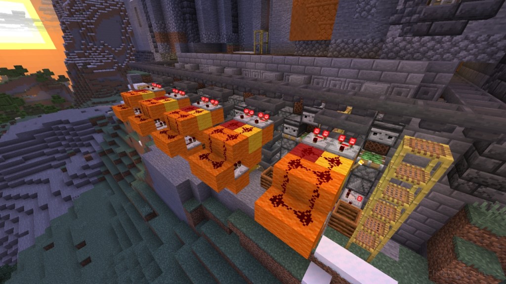 A line of hoppers passes over item filters in sets of 2.  Pistons, observers, note blocks, comparators and composters are visible below the filters.