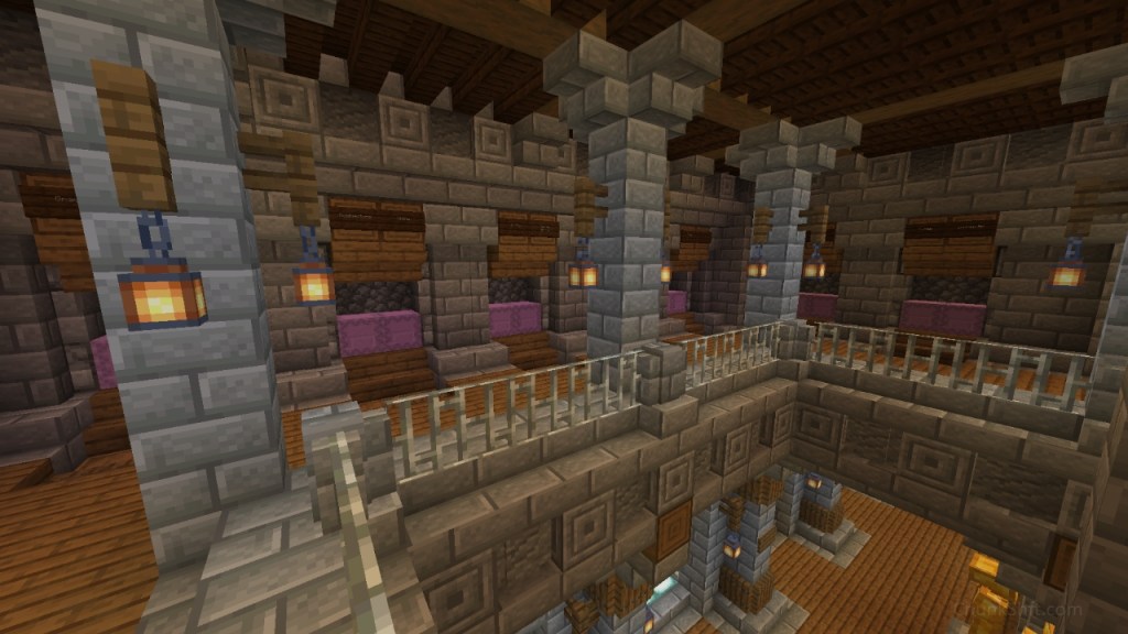 Interior of a multi story storage room. shulkers are visible in pairs on the upper floor. Stone variants, wooden floors and log supported ceilings give the impression of a castle interior.