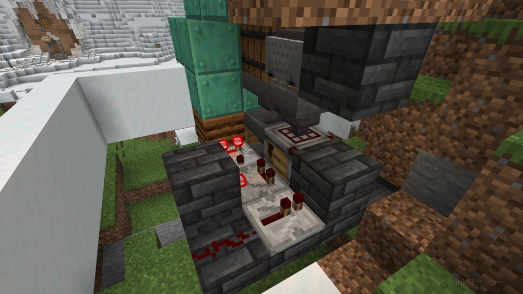 A hopper minecart and a barrel feed hoppers that feed an autocrafter. A comparator in subtract mode compares the signal to a composter. The signal is sent into a solid block, redstone dust passes that signal into a repeater..the repeater powers a solid block next to the autocrafter. 