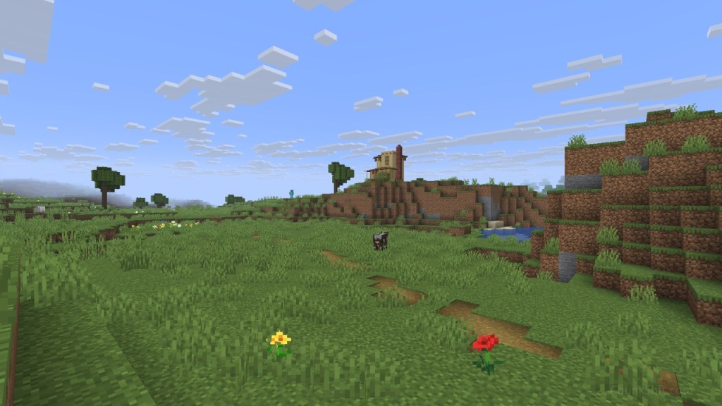 A plains biome has a foot path cut through it's middle. Small hills flank the path on one side. In the distance, atop one of these hills is a small house.