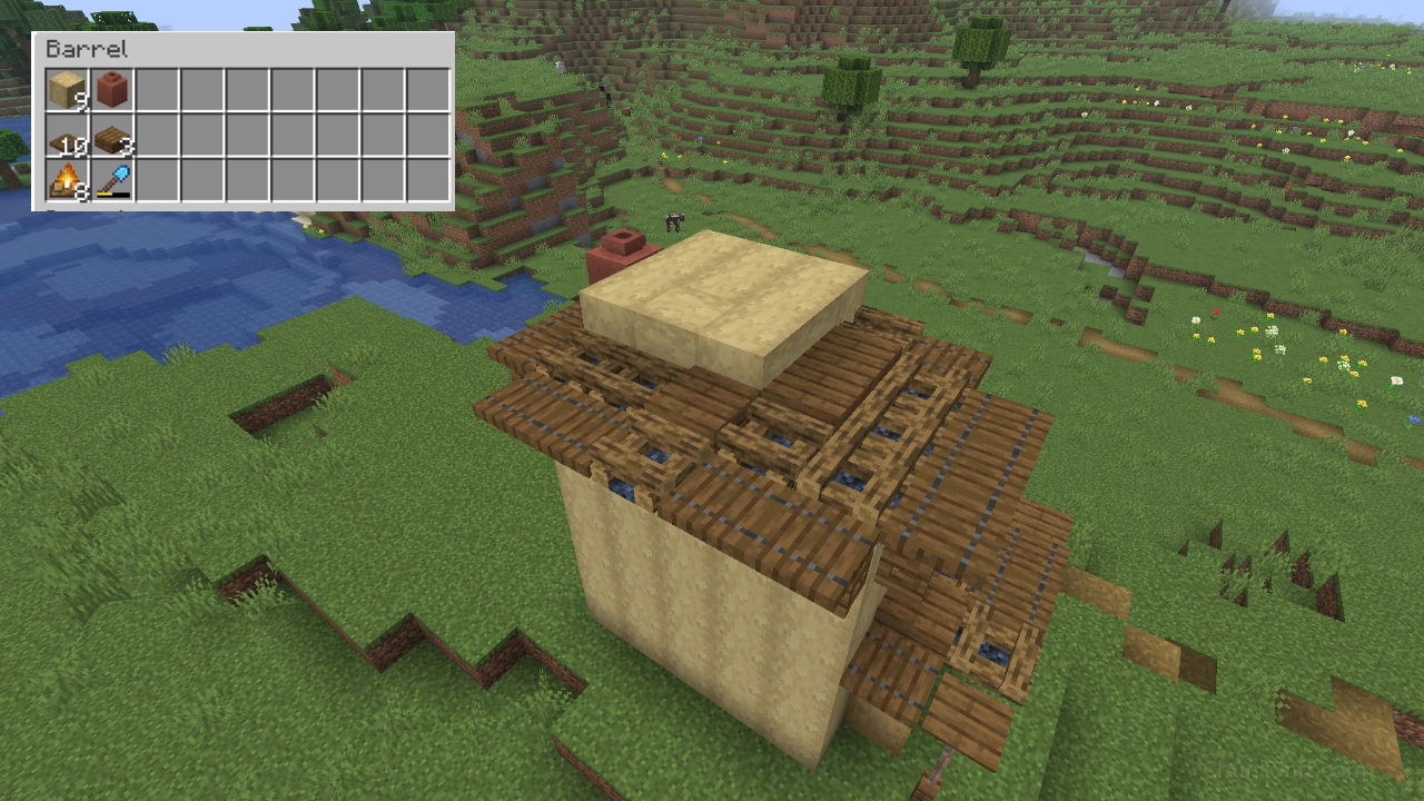 Spruce trap doors, camp fires and spruce slabs form an L shapped roof. Stripped Birch Wood rises just above it in a square. A flat square roof over the sleeping area flanked by the clay chimney.