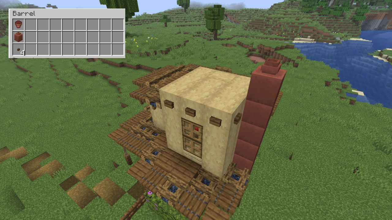 The house is complete. A clay pot is placed on-top the decorated pot chimney that rises 1 pot above the flat roof portion. Spruce buttons are around the edge of this section where the slopped roof does not join.