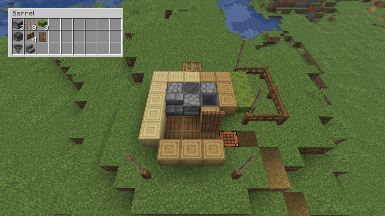 A blast furnace on the interior opposite the oak trap doors on the exterior, flanked on 3 exposed sides by furnaces. A spruce door is placed in the open position (prevents zombie breaking). Fence posts are connected by the gates and the posts on the corners of the house have copper bars on them. A hopper feeds the furnace that was placed on the hopper from the previous step.