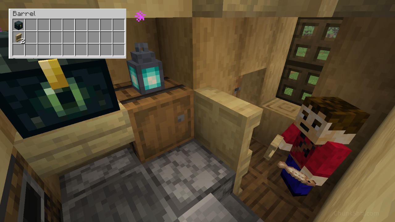 The player returns to the interior to place some overlooked interior items. An ender chest is placed on an inverted birch stair from a previous step and 2 birch shelves create a railing and facia separating the split levels of the 1st floor.