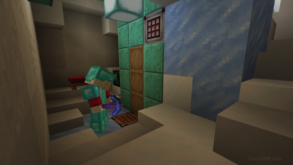 The player stands in front of a stack of barrels inset into a wall of copper and ice. The room is made of snow with a patch of ice where the player stands. A sea lantern lights the space.