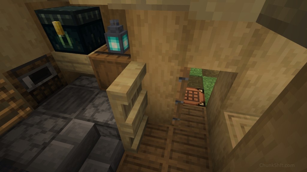 A small split level interior. The open front door has a crafting table as a door mat; floor is upside down barrels on the lower half and a combination of furnaces and a blast furnace on the higher level.
The split levels are separated by a single stone brick stair and two birch shelves. A smoker is inset into the wall next to a ladder; flanked by an ender chest and a barrel.