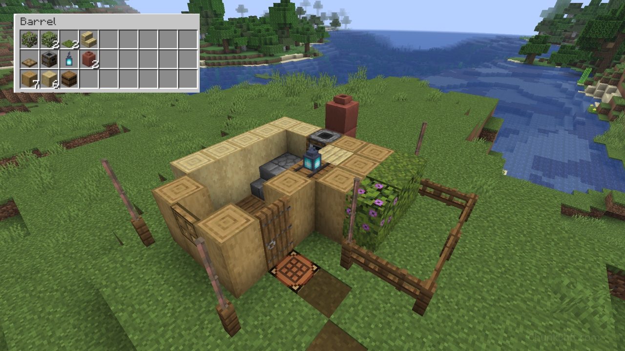 Oak trap doors form a 1x2 window surrounded by stripped oak. In front of the house fenced garden is taking shape filled with azalea bushes. The walls now reach 2 high and a chimney made of decorated clay pots is rising from the exterior oak trap doors.