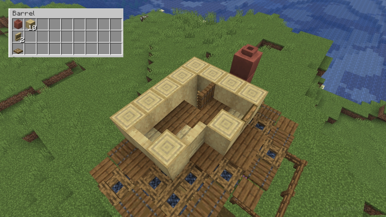 The walls rise 1 block higher along with the chimney. 1 oak trap door is placed where a 2 tall window will eventually form.