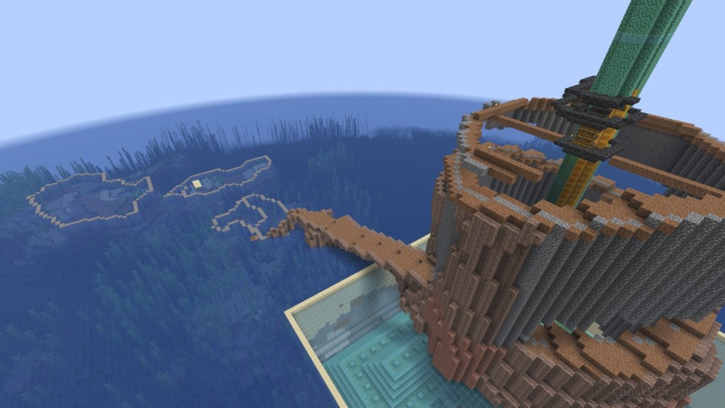A tower of cobblestone and dripstone blocks rise from a glass plate covering a drained ocean monument.
An earthen bridge stretches into a shallow part of an ocean. 3 future islands are traced out with gravel.