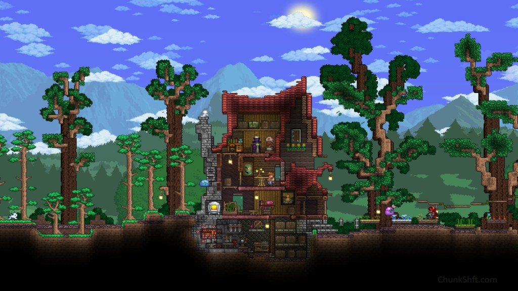 Trees, custom and natural flank both sides of a small house built in terraria. A 3d perspective is forced with variations in block and wall types. It has 2 stories plus an attic and basement.