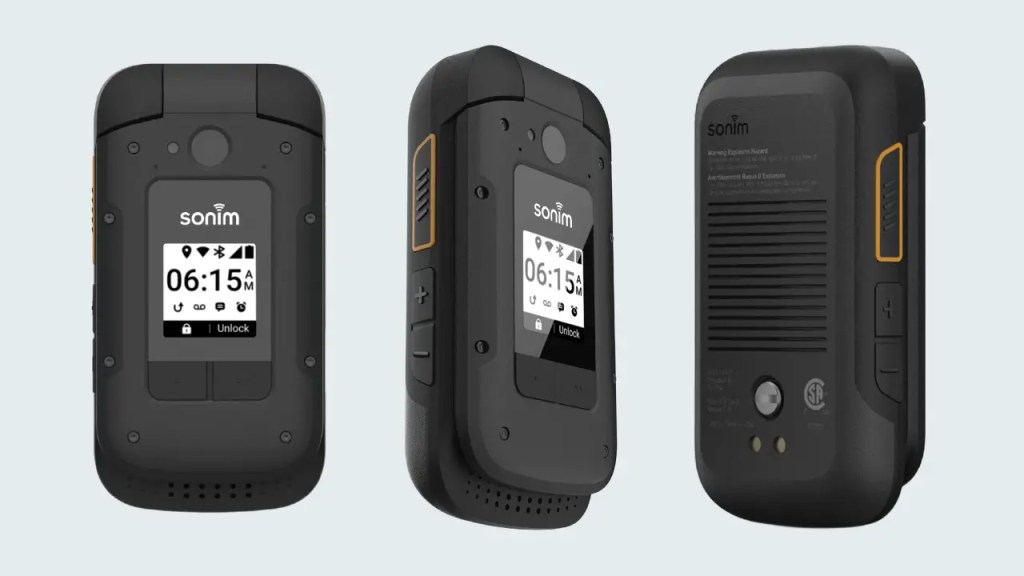 A stock image of the SONIM xp3 plus 5G from 3 different angles. The phone is industrial, overbuilt and mostly matte black. 