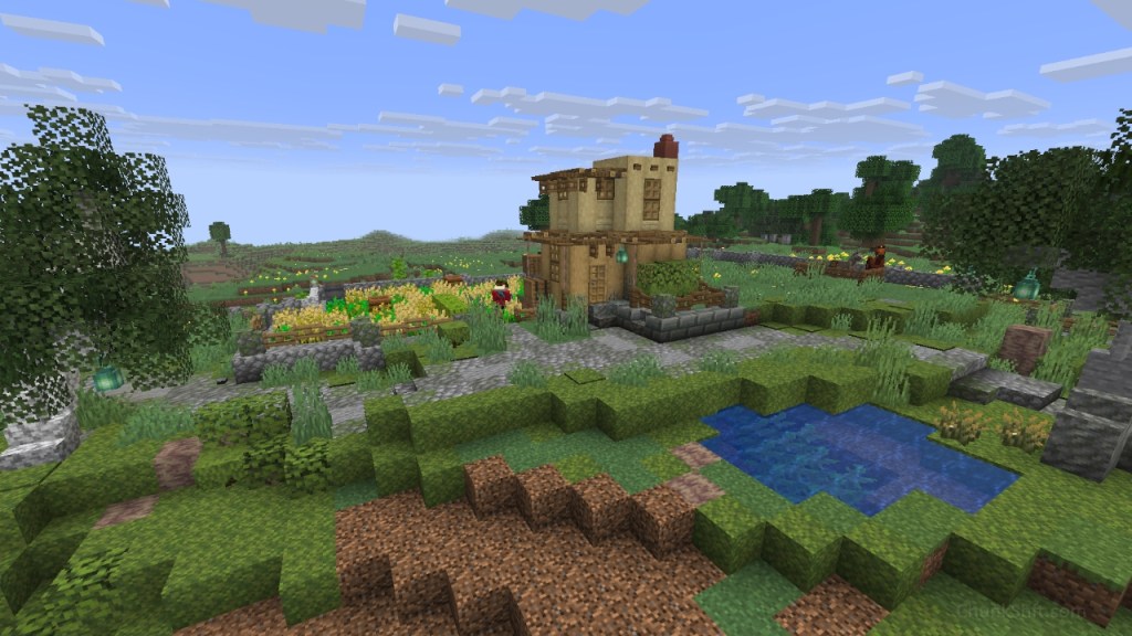 A small spanish style house built of stripped birch and oak sits on a meadow hilltop. Flanked by a small field of crops and a cobble pathway.