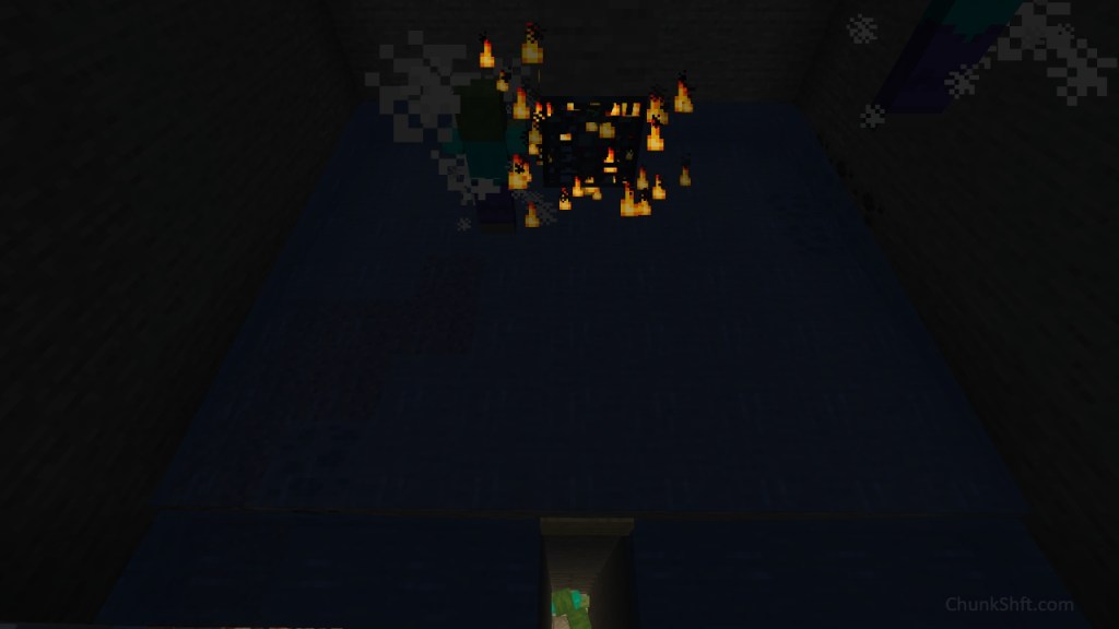 Zombies spawn from an activated spawner and are pushed to one side of the room by water. Two 1 wide water streams push zombies to a 1x1 drop chute.